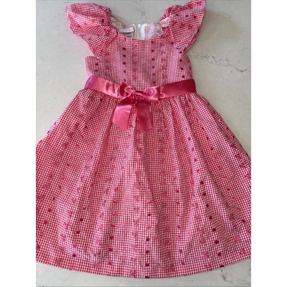 Bonnie Jean Girls 6 Pink Gingham Satin Ribbon Bow Embroidered Eyelet Dress